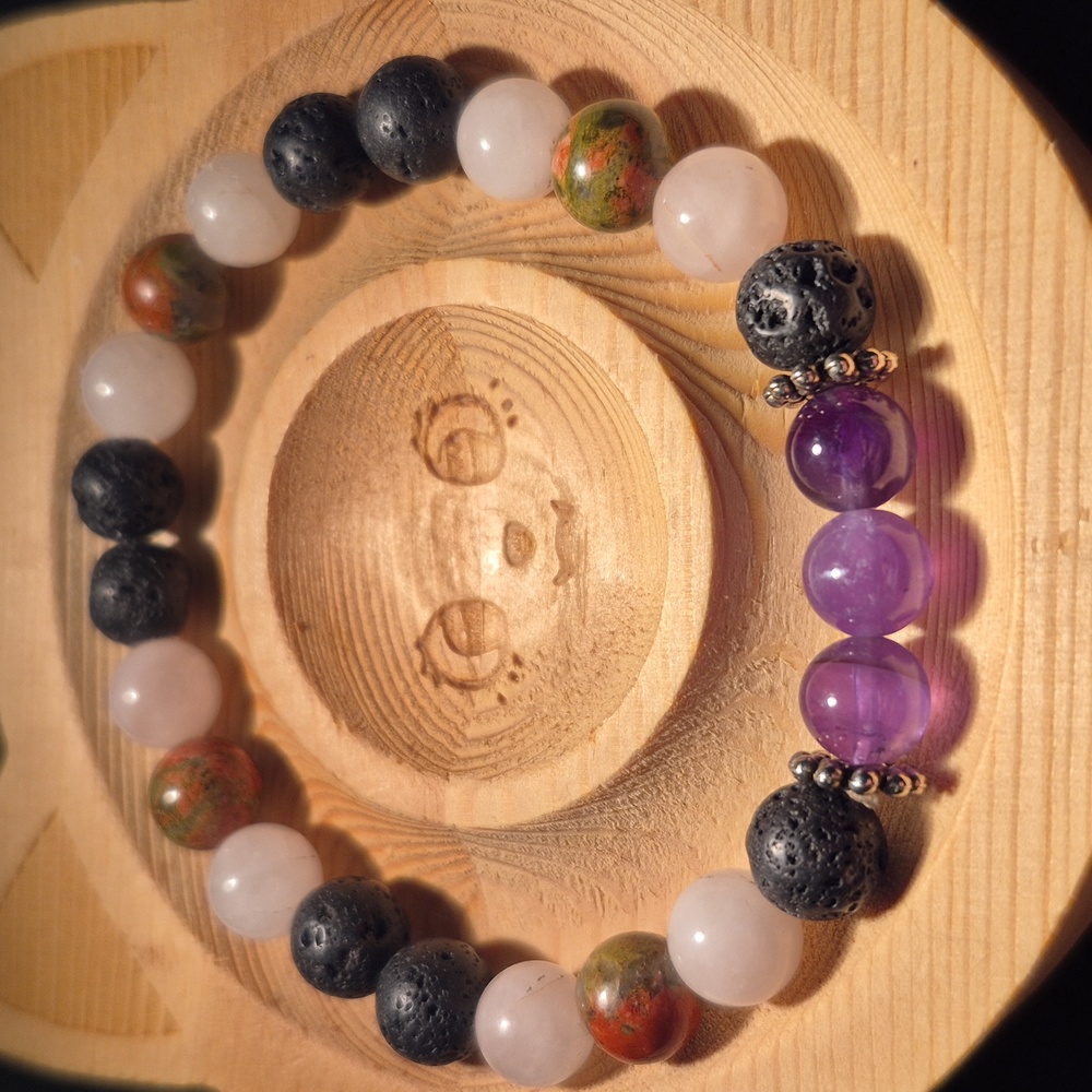 Artisan Crafted Amethyst, Moonstone and Unakite with lava beads